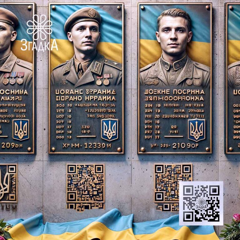 Дошка пам'яті для героїв із сучасним дизайном і інтегрованим QR-кодом для збереження історій.