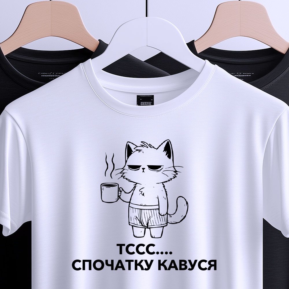 Футболка з кумедним котом та кавою