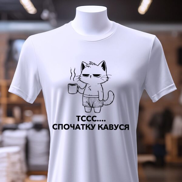 Футболка з принтом кота, що п'є каву