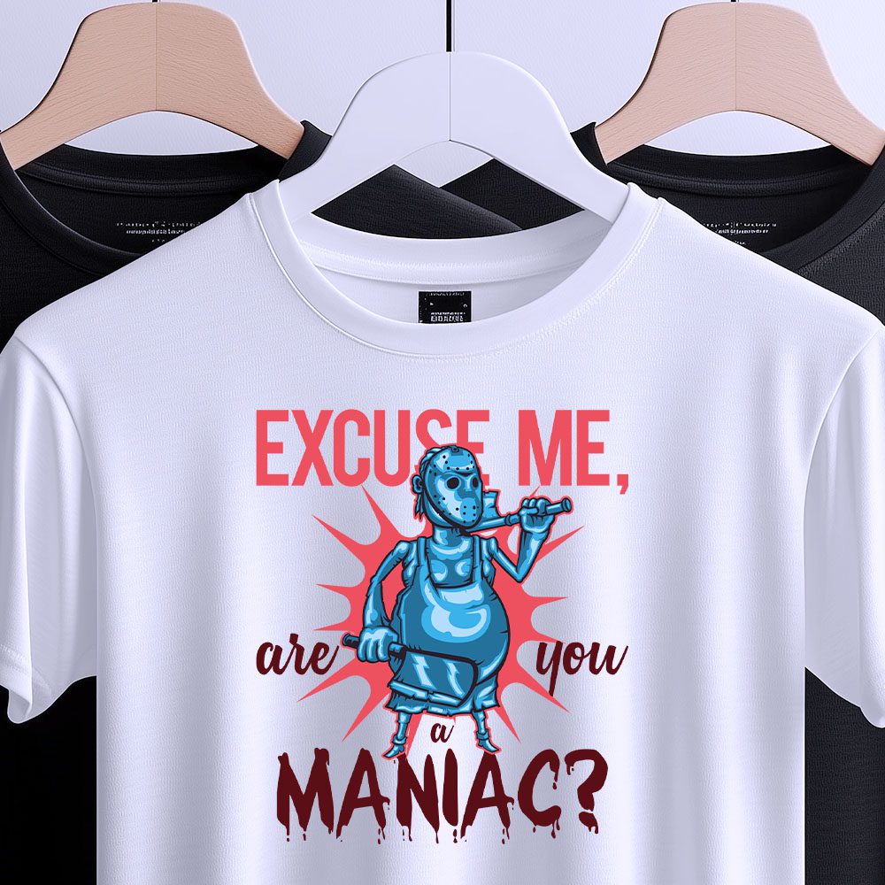Футболка Are You A Maniac, вид спереду з кумедним маніячним персонажем