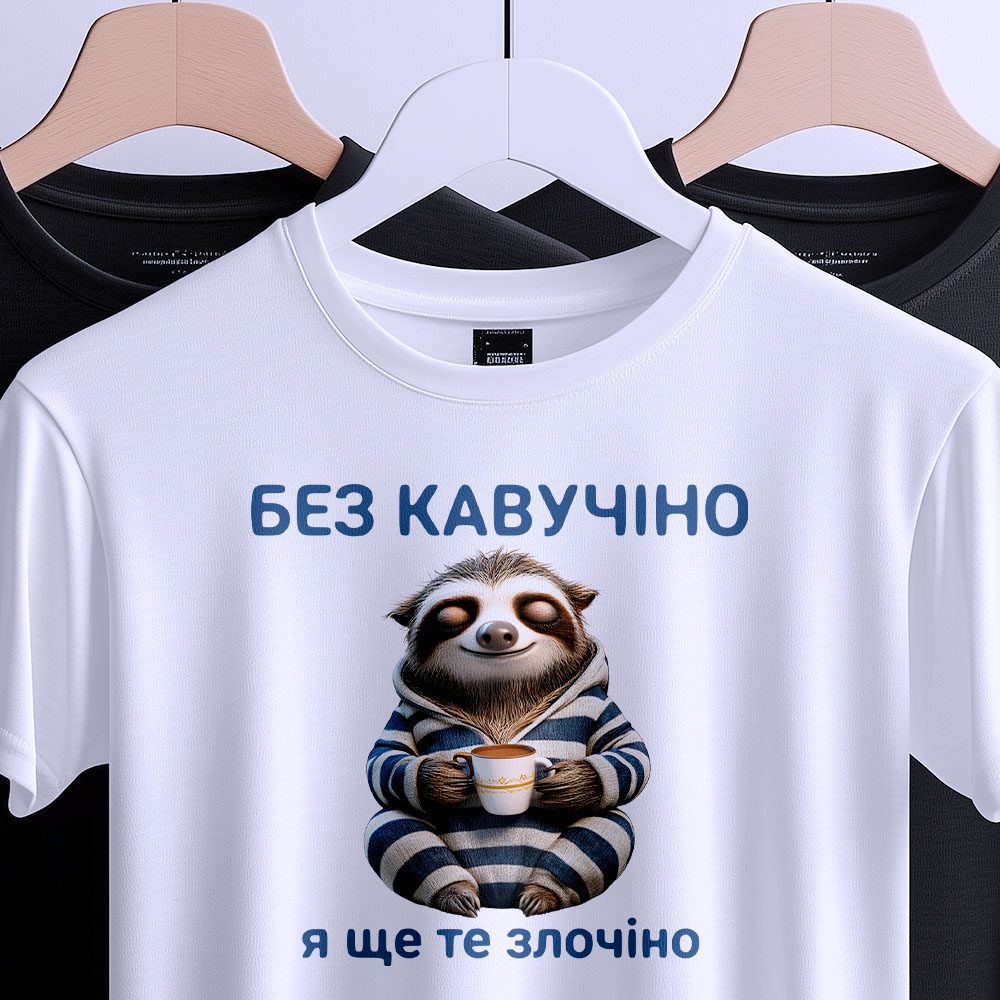 Футболка без кавучіно злочіно, вигляд спереду з милим лінивцем