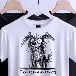 Футболка Пухнастий Анархіст Пес на білому фоні, вид спереду