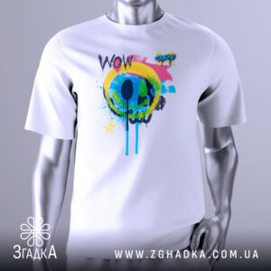 Футболка Графіті Череп Wow з яскравим мультяшним черепом та написами.