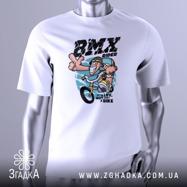 Футболка BMX Це Життя з мультяшним BMX райдером та написом "BMX RIDER".