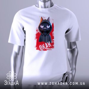 Футболка Чорний кіт Окак із зображенням чорного кота в капюшоні.