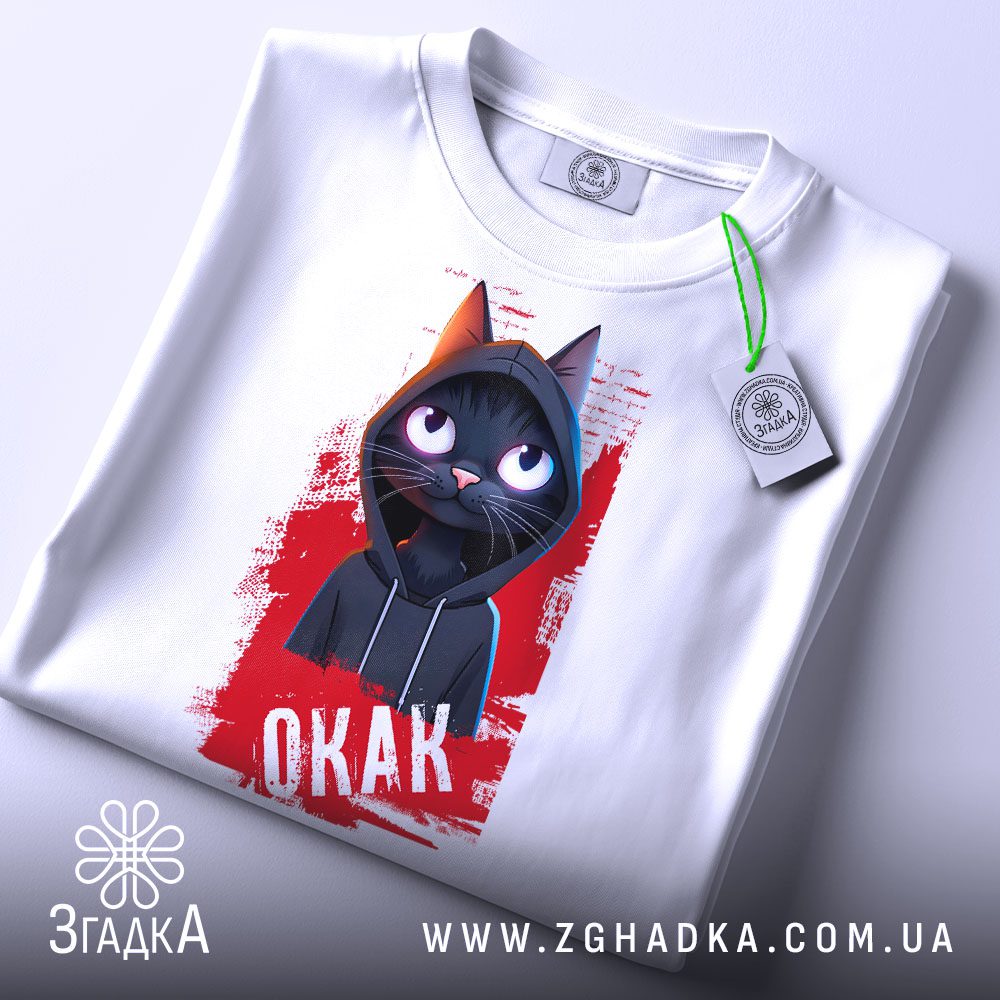 Футболка Чорний кіт Окак - крупний план чорного кота з виразними очима.