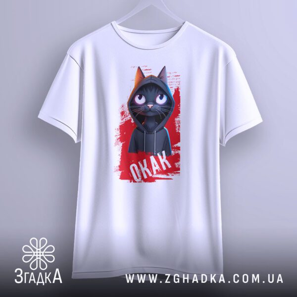 Футболка Чорний кіт Окак - червоний фон з написом "OKAK".