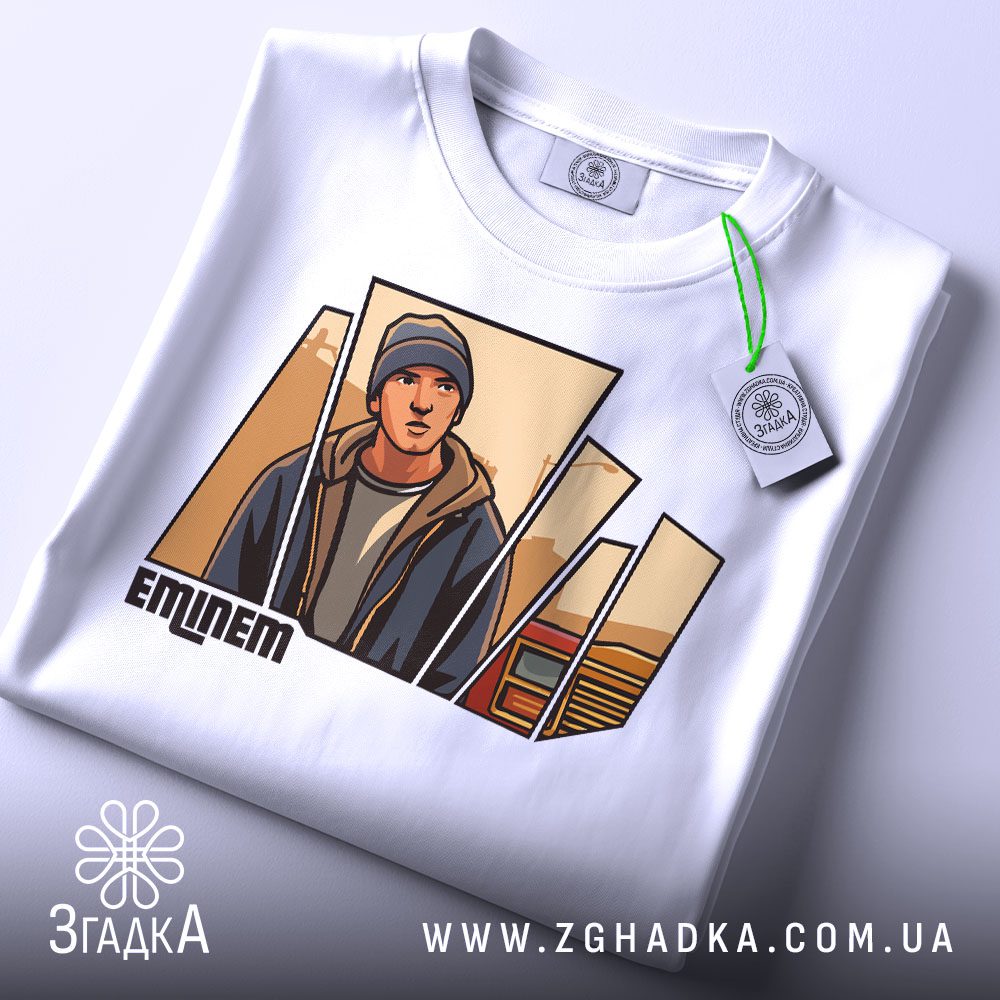 Футболка Eminem Сміливий Стиль - крупний план обличчя Емінема в шапці.