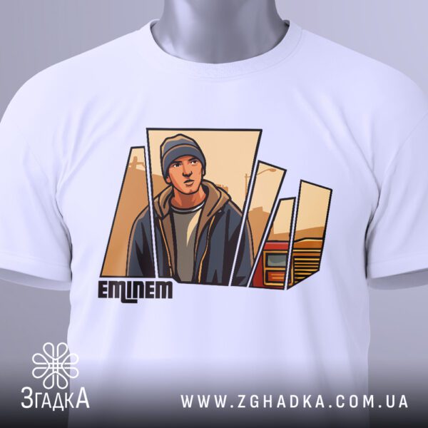 Футболка Eminem Сміливий Стиль - фрагмент міського пейзажу на фоні.