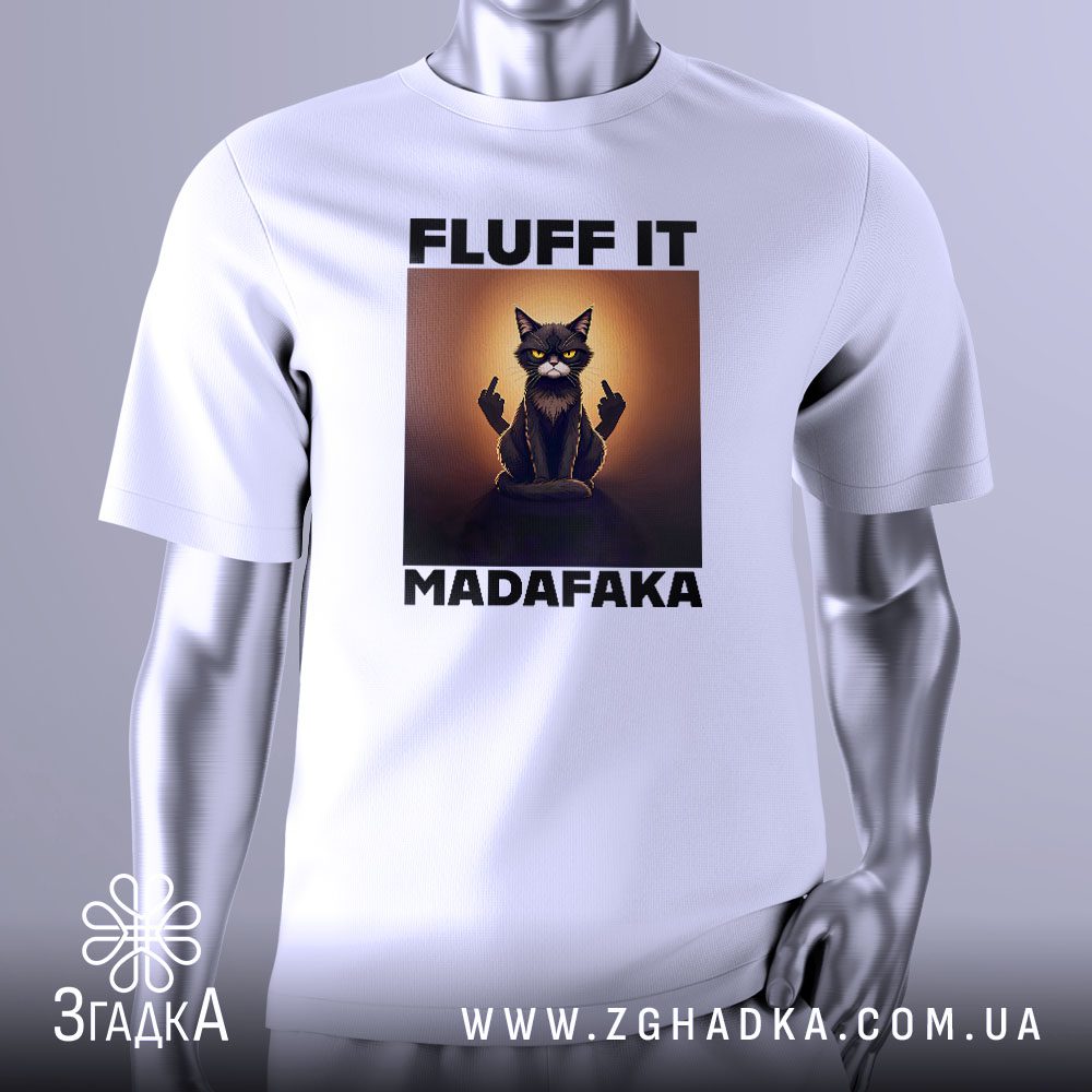 Футболка Fluff It Madafaka: Модель у білій футболці з чорним котом, що показує середні пальці.