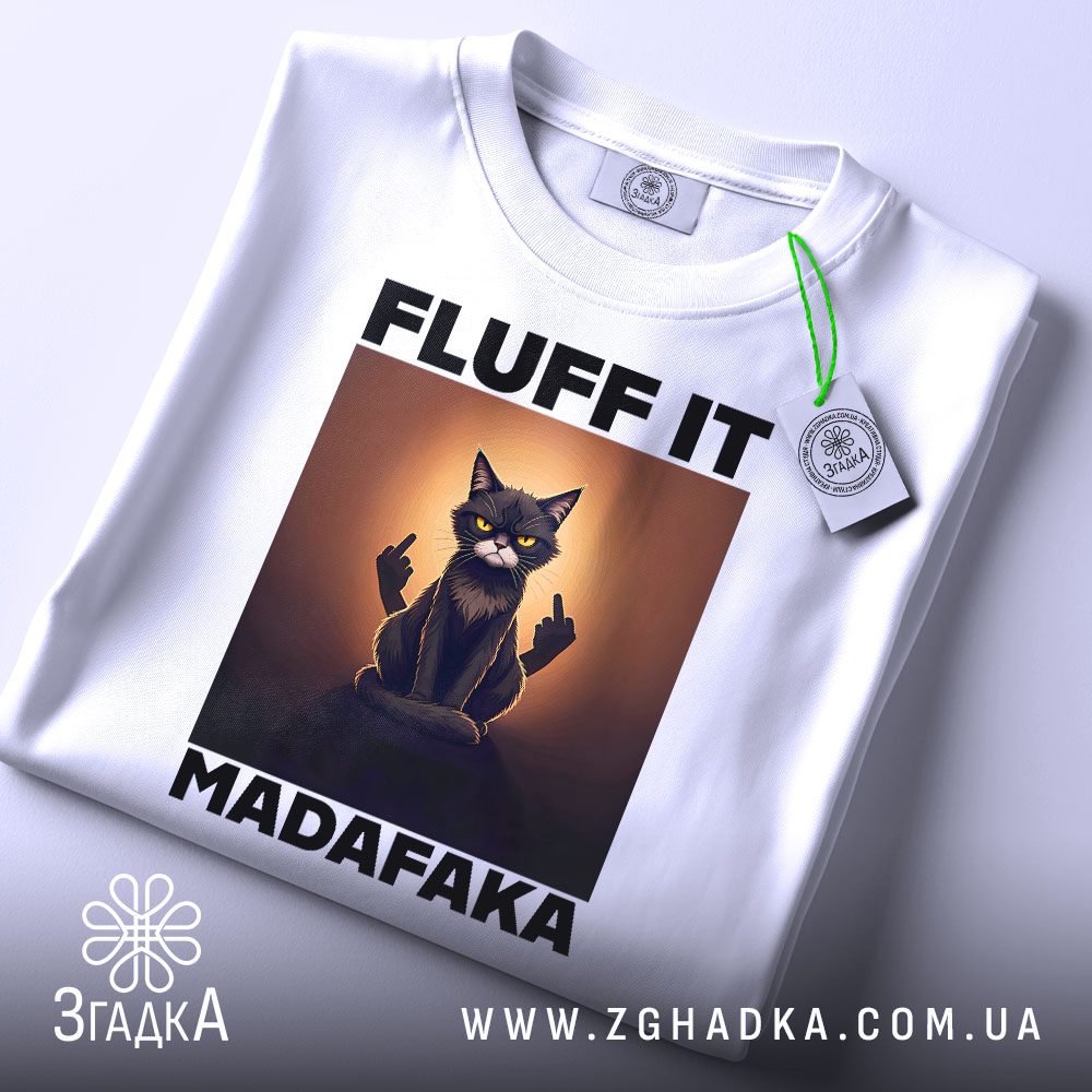 Футболка Fluff It Madafaka: Детальний вигляд на принт "FLUFF IT MADAFARA" та зображення кота.