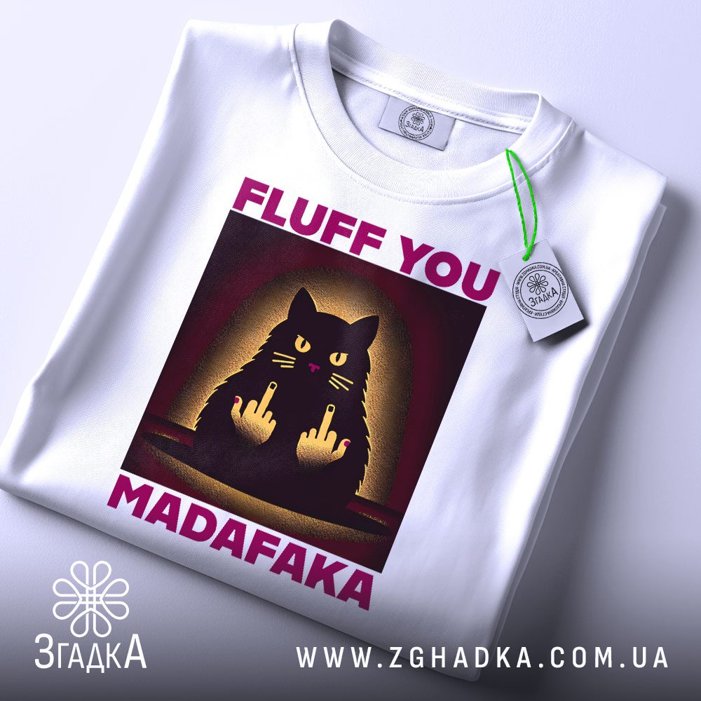 Футболка Fluff You Madafaka: Детальний вигляд на принт "FLUFF YOU MADAFARA" та зображення кота.