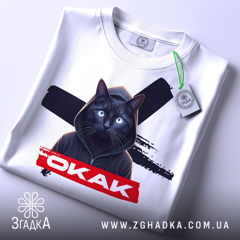 Футболка Інтернет Мем Окак - крупний план кота в капюшоні з блакитними очима.