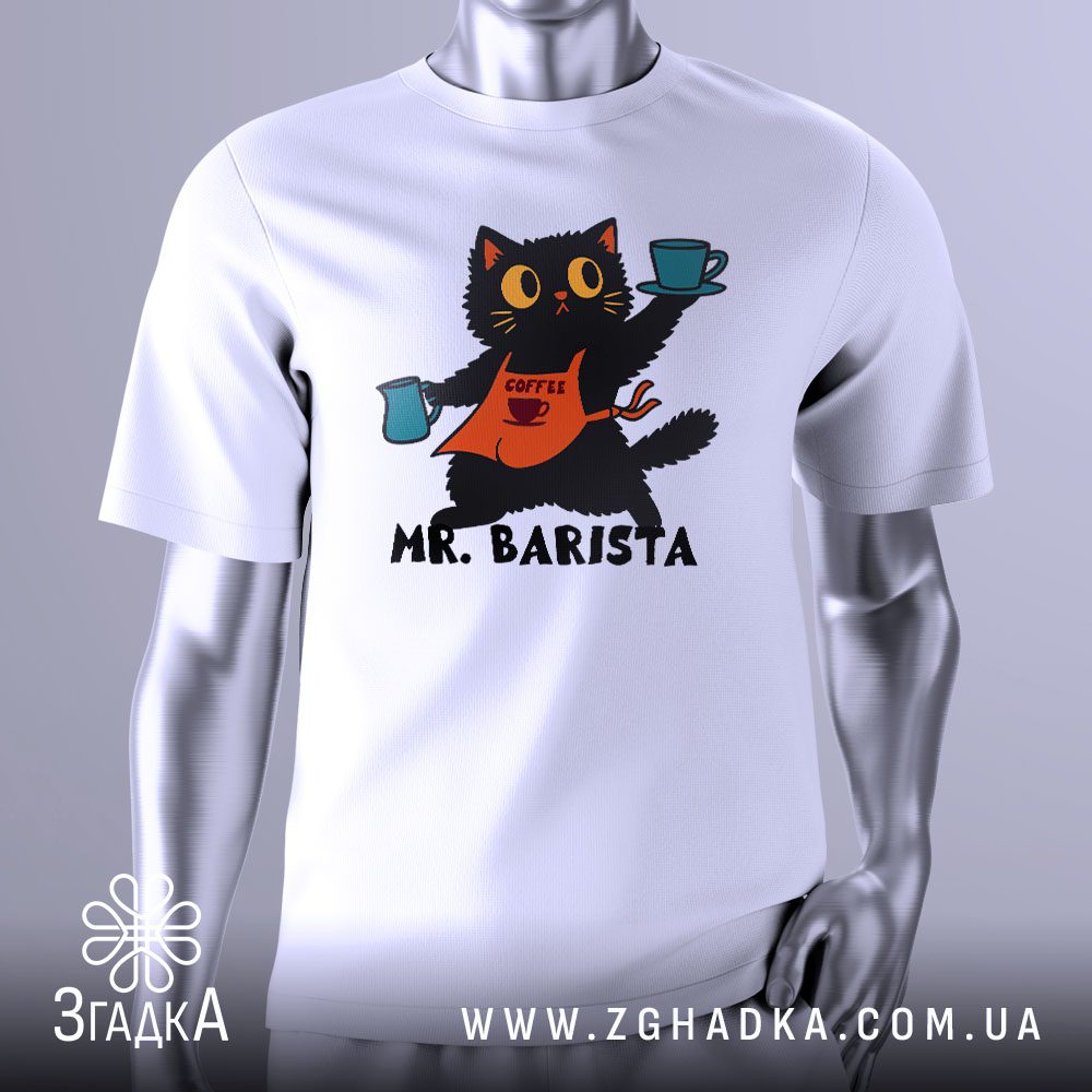 Футболка Кіт Бариста Майстер з милим чорним котом.