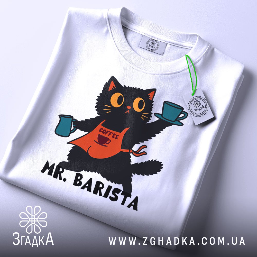 Футболка Кіт Бариста Майстер - крупний план кота у фартуху "COFFEE".
