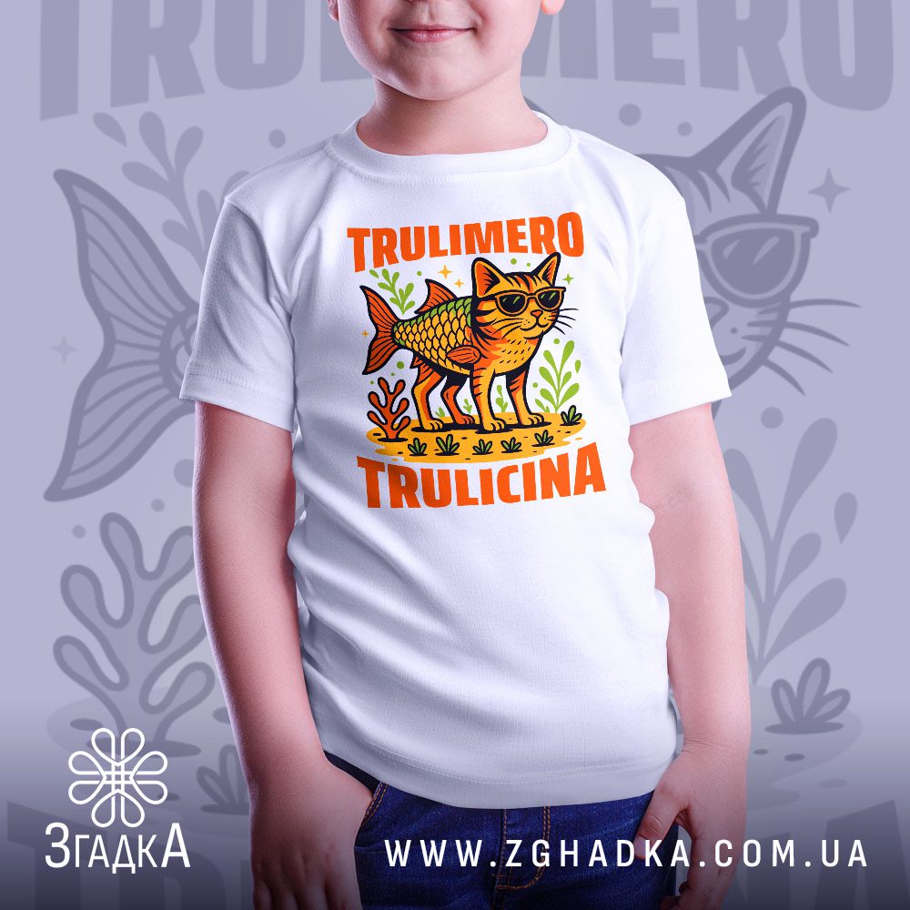 Футболка Кіт Trulimero Trulicina - крупний план котячої голови в окулярах та риб'ячого тіла.