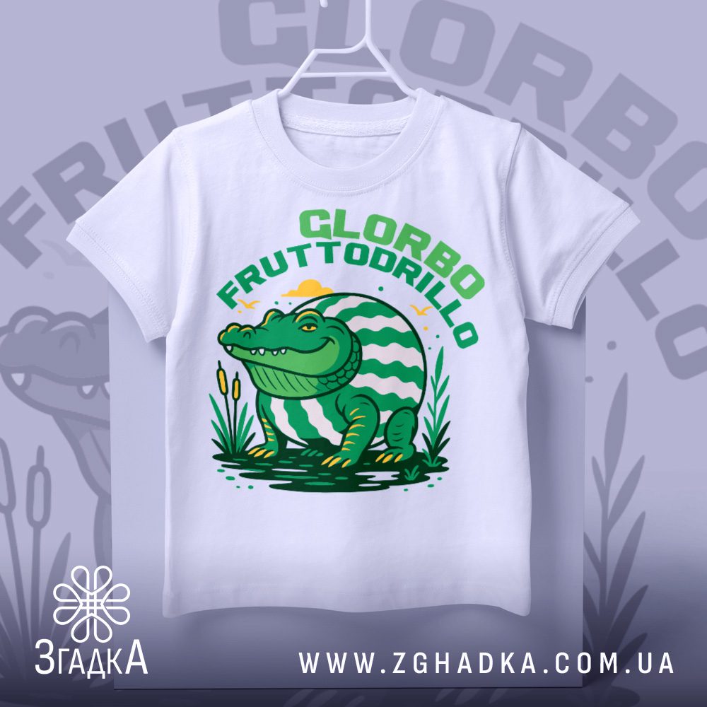 Футболка Крокодил Glorbo Fruttodrillo з крокодилом у смужку кавуна.