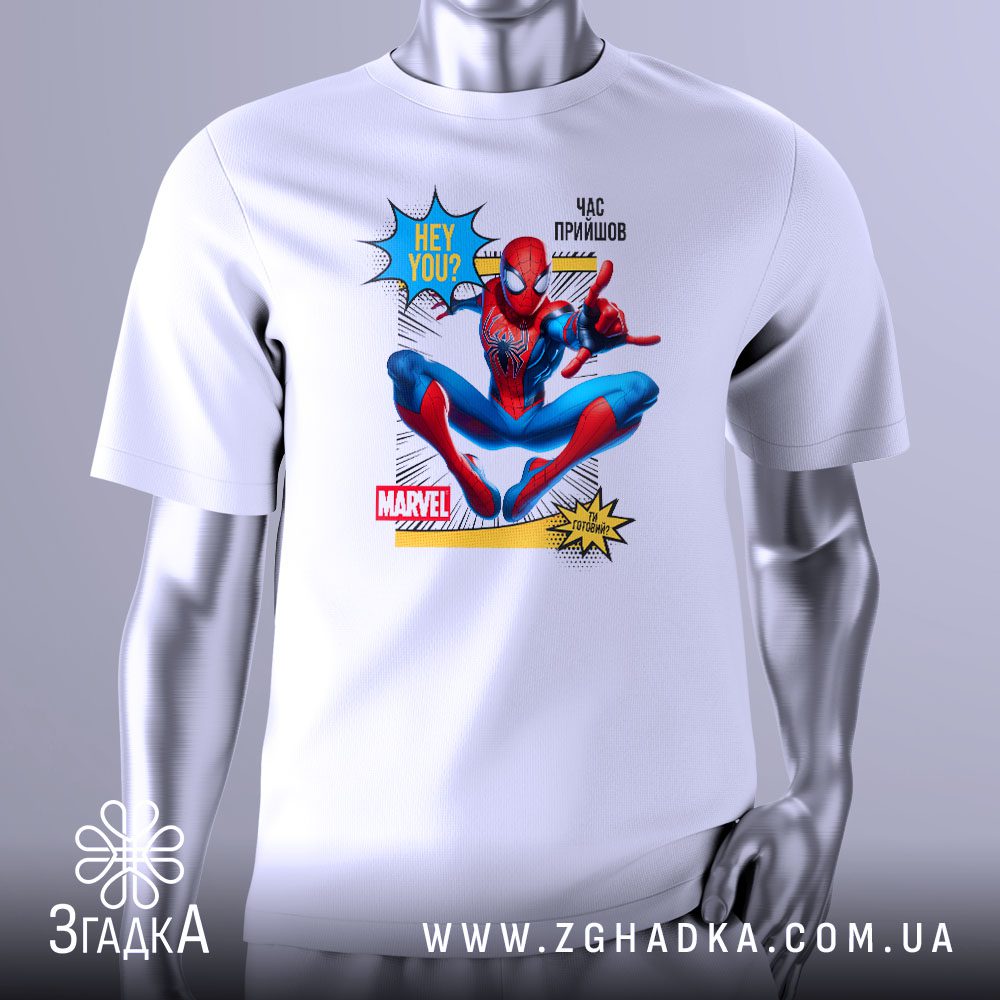 Футболка Людина Павук Подарунок з зображенням Spider-Man в екшн-позі та коміксними елементами.