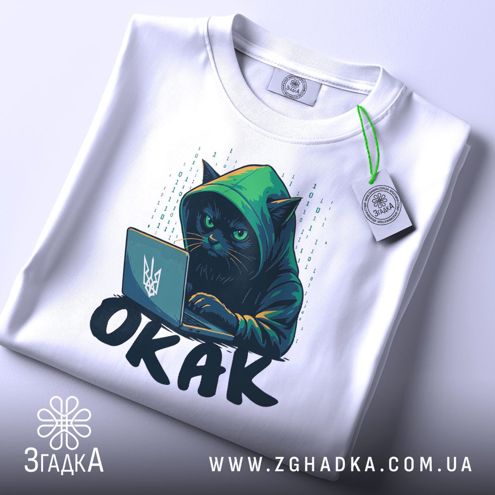 Футболка Окак Інтернет Мем - крупний план кота з яскраво-зеленими очима.