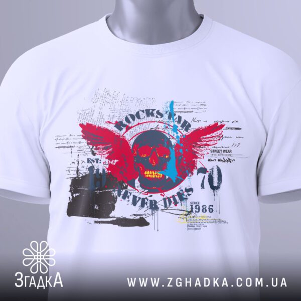 Футболка Рок Череп Подарунок - деталі гранж-фону та написів "EST. 70" і "SINCE 1986".