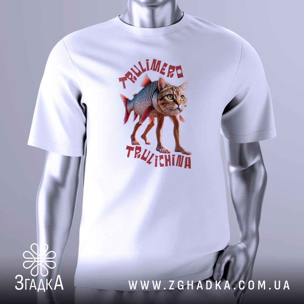 Футболка Trulimero Trulichina Roblox з фантастичним гібридом кота, риби та людини.