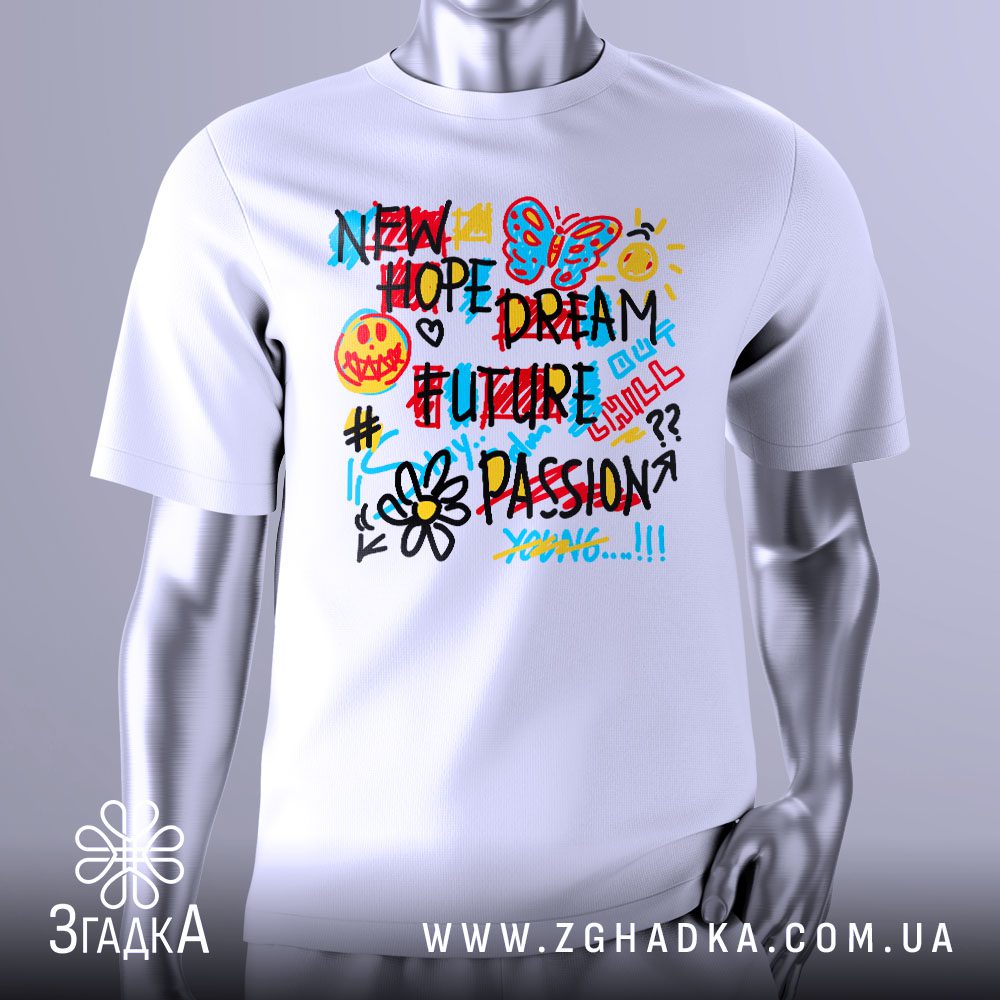 Футболка Яскраві Мрії Майбутнє з різнокольоровими написами "NEW HOPE DREAM FUTURE PASSION" та ілюстраціями.