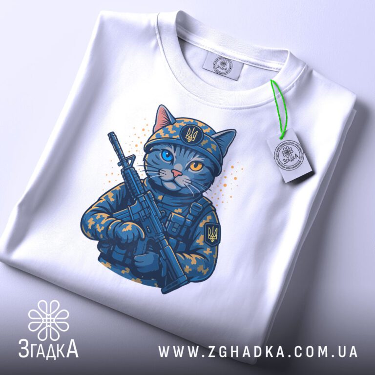 Складена футболка з котом-воїном і біркою Згадка