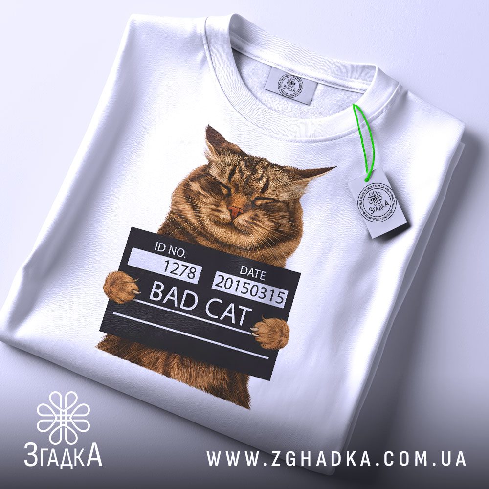 Складена біла футболка з принтом "кіт bad cat" та етикеткою "Згадка".