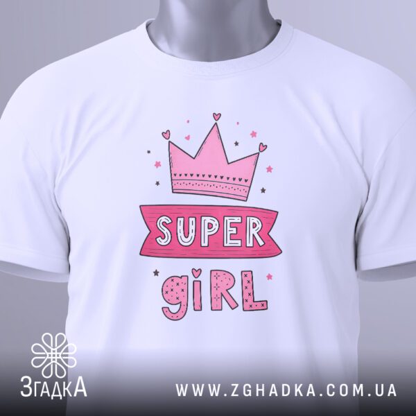 Біла футболка з принтом «SUPER GIRL», вид збоку.