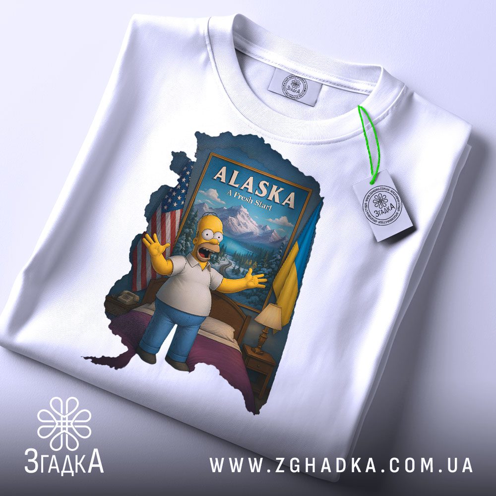 Крупний план принту "Гомер Сімпсон Аляска" на білій футболці, що детально показує ілюстрацію.
