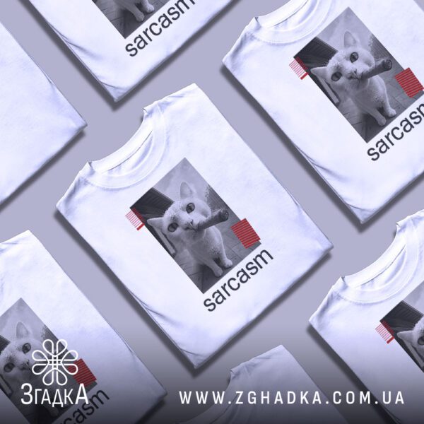 Біла футболка з принтом "кіт сарказм стиль" на чоловічій моделі.