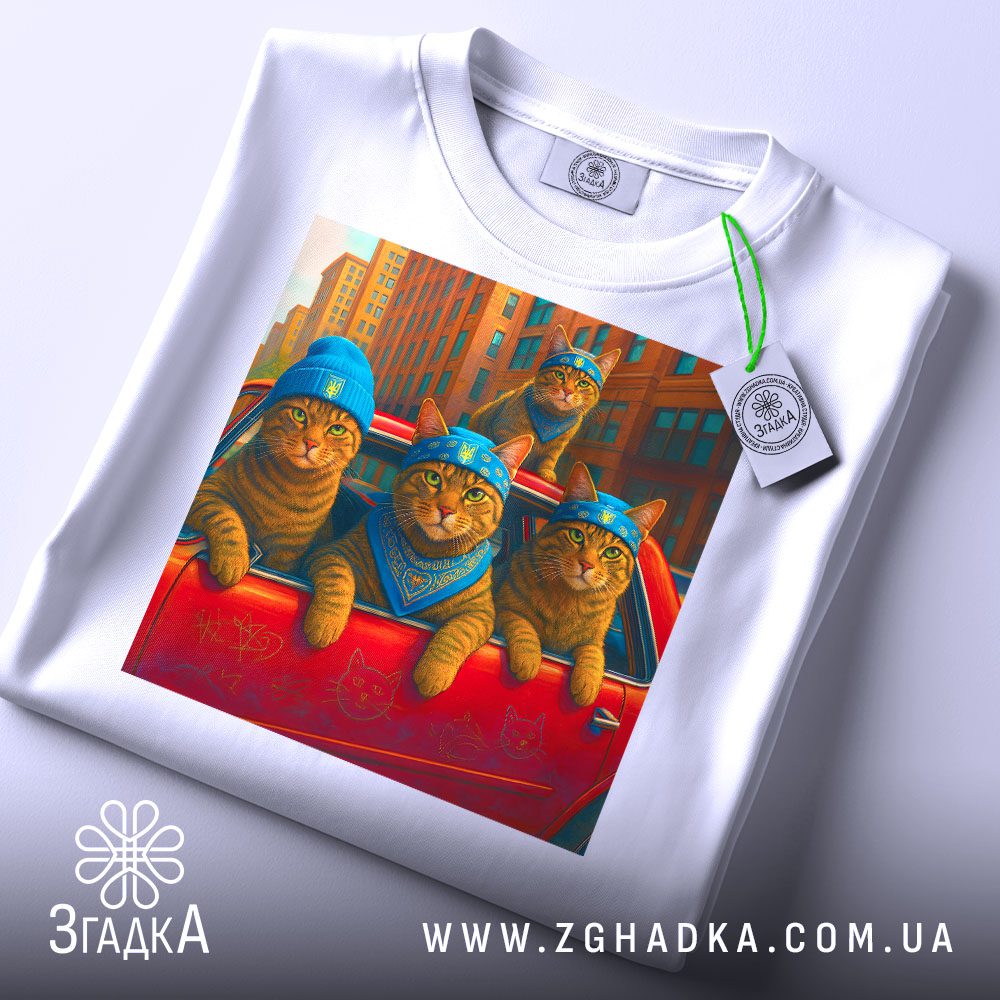 Складена біла футболка з принтом "коти у банданах" та етикеткою "Згадка".