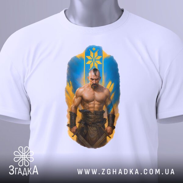 Крупний план принта "козацька сила Україна" на білій футболці, що детально показує ілюстрацію.