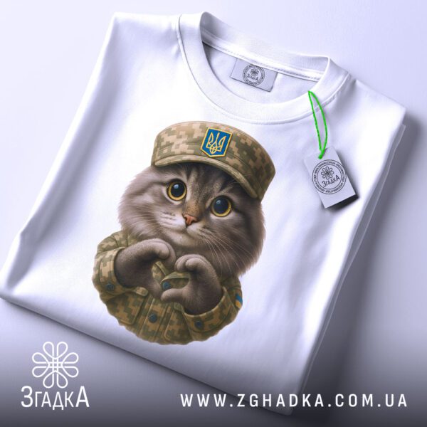 Складена біла футболка з принтом "котик ЗСУ" та етикеткою "Згадка".