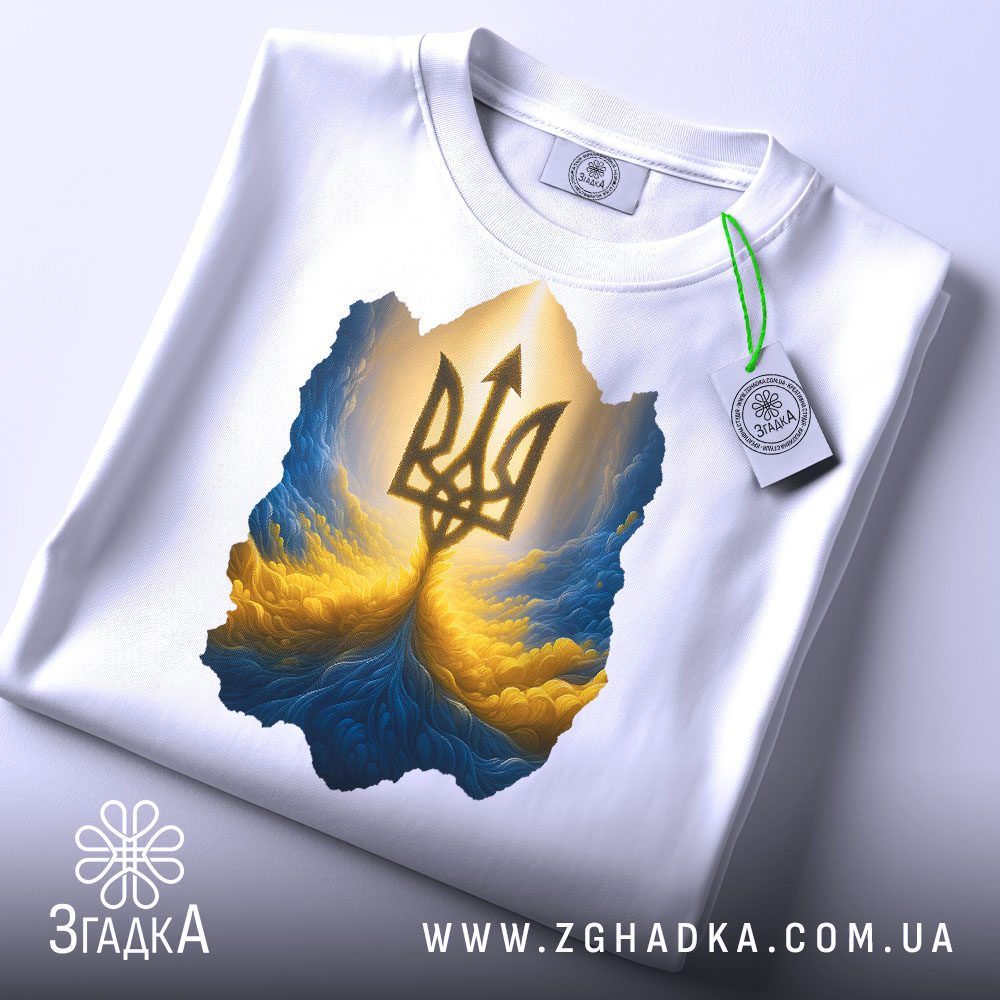 Складена біла футболка з принтом "тризуб енергія нації" та етикеткою "Згадка".