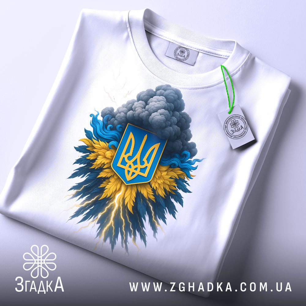 Складена біла футболка з принтом "тризуб з хмарами" та етикеткою "Згадка".