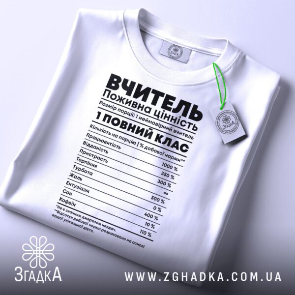 Футболка цінність праці вчителя білого кольору на манекені.
