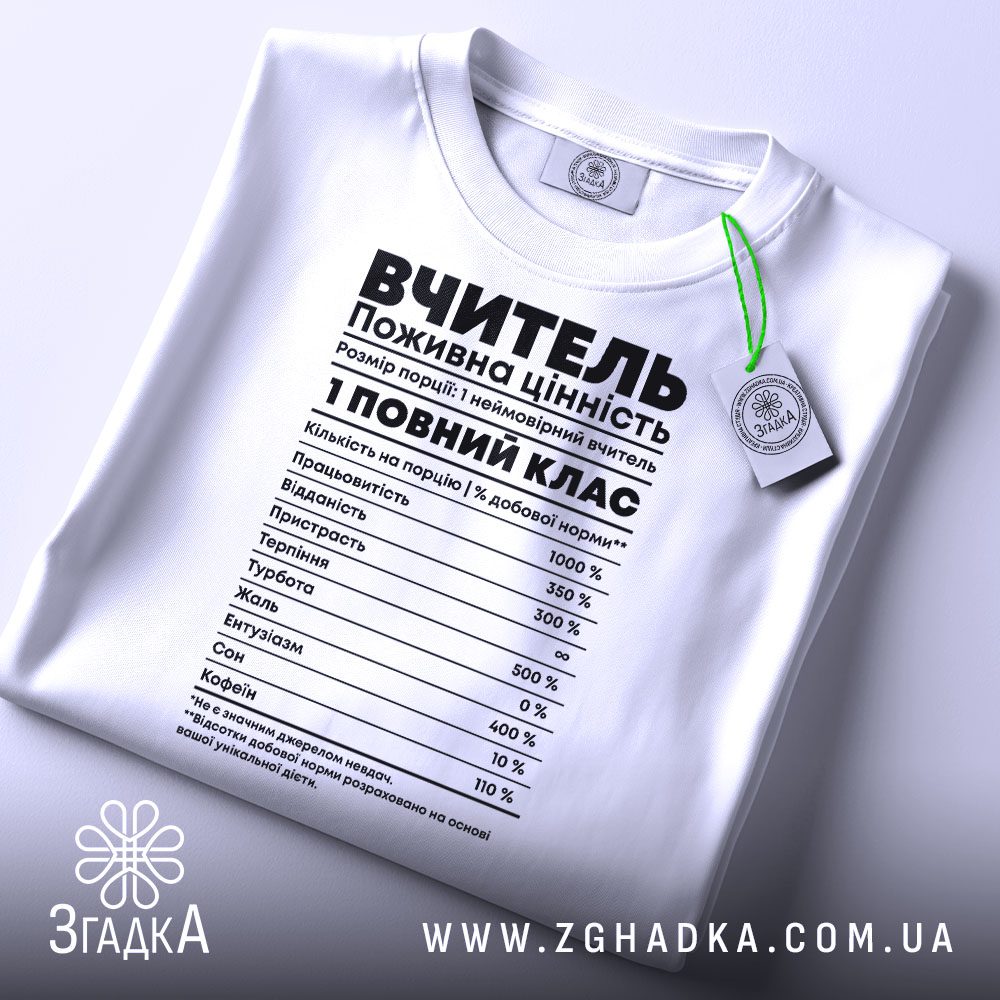 Футболка цінність праці вчителя білого кольору на манекені.