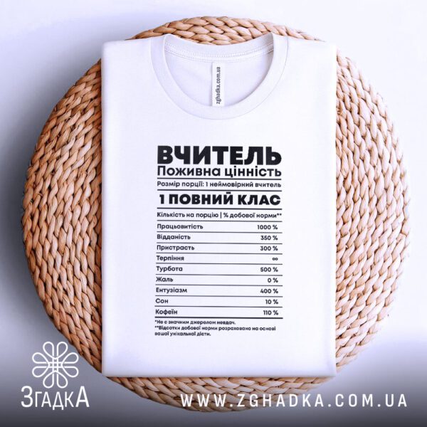 Футболка цінність праці вчителя білого кольору, зблизька.