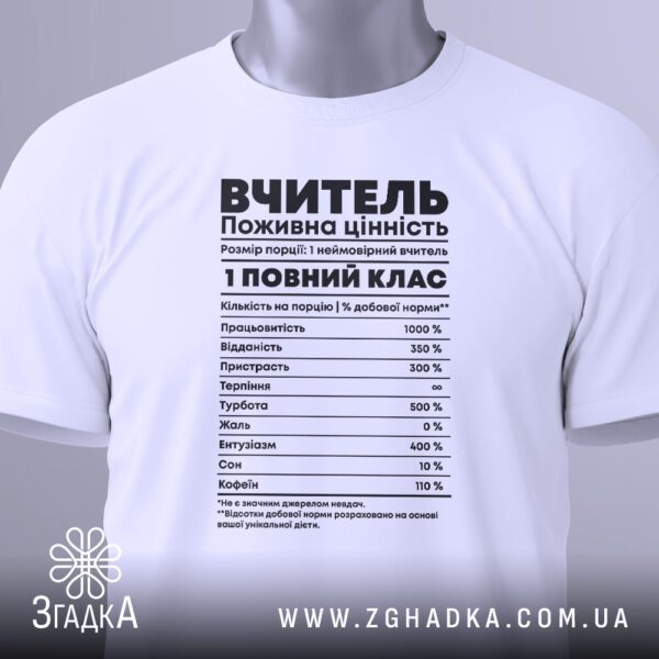 Футболка цінність праці вчителя білого кольору, вид спереду.