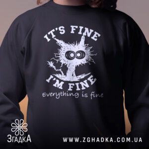 Крупний план принту "everything is fine" на чорному світшоті, що детально показує ілюстрацію.