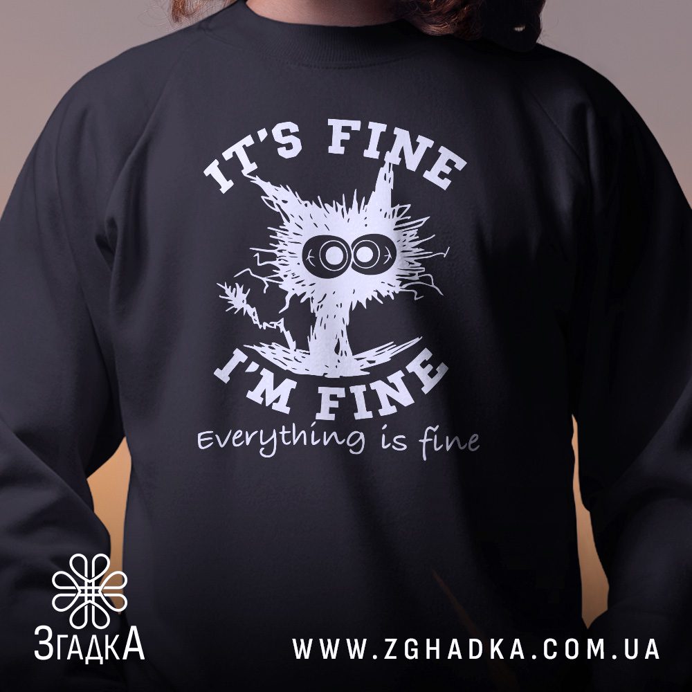 Крупний план принту "everything is fine" на чорному світшоті, що детально показує ілюстрацію.