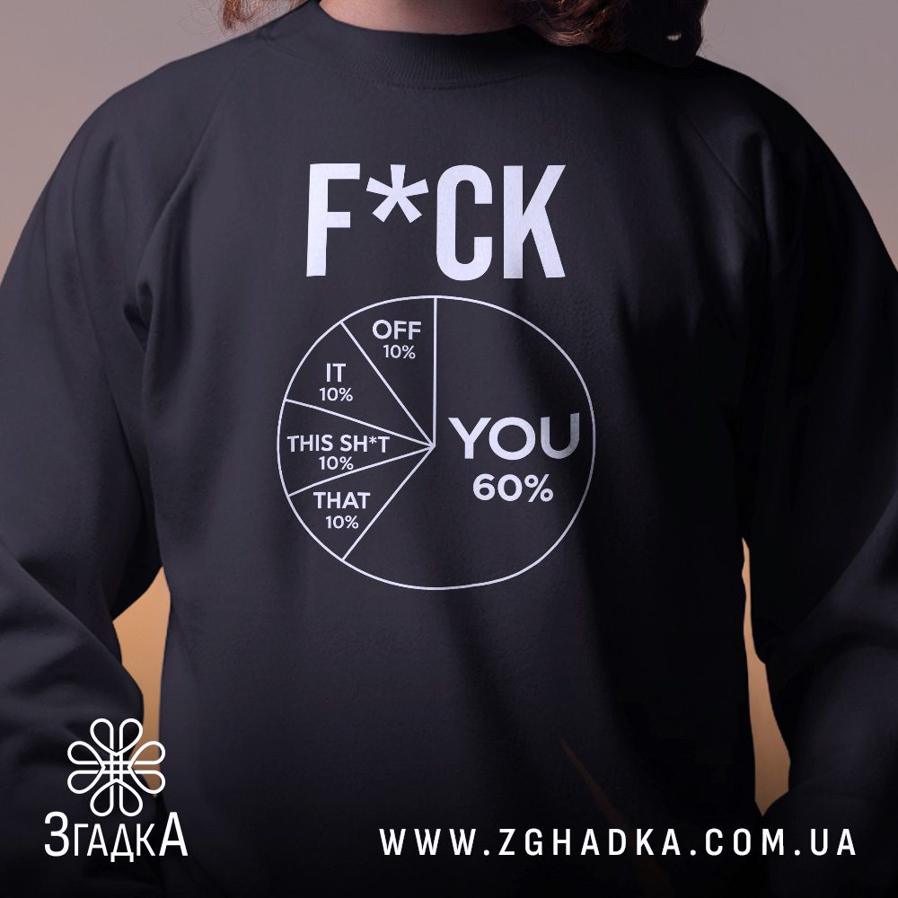 Крупний план принту "F*ck You дизайн" на чорному світшоті, що детально показує ілюстрацію.