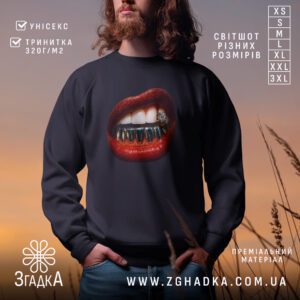 Чорний світшот з графічним принтом у центрі. На принті зображені яскраво-червоні губи з золотими грілзами на нижніх зубах.