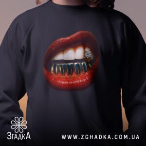 Крупний план принту "губи грілзи" на чорному світшоті, що детально показує ілюстрацію з коштовним каменем.