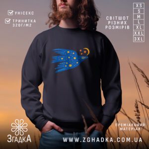 Чорний світшот з графічним принтом у центрі. На принті зображений синій птах з жовтими зірками, що летить до місяця та трьох зірок.