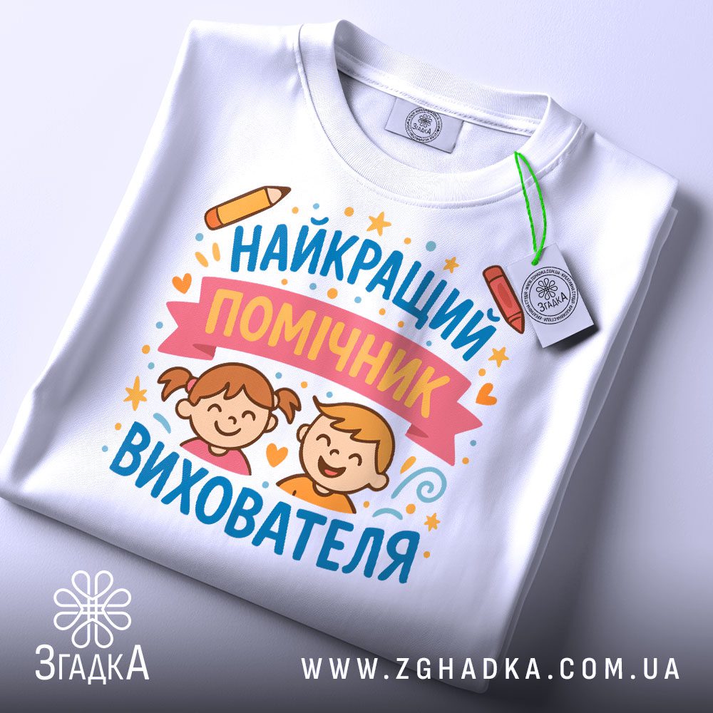 Футболка для помічника вихователя акуратно складена з біркою Згадка на білому фоні.