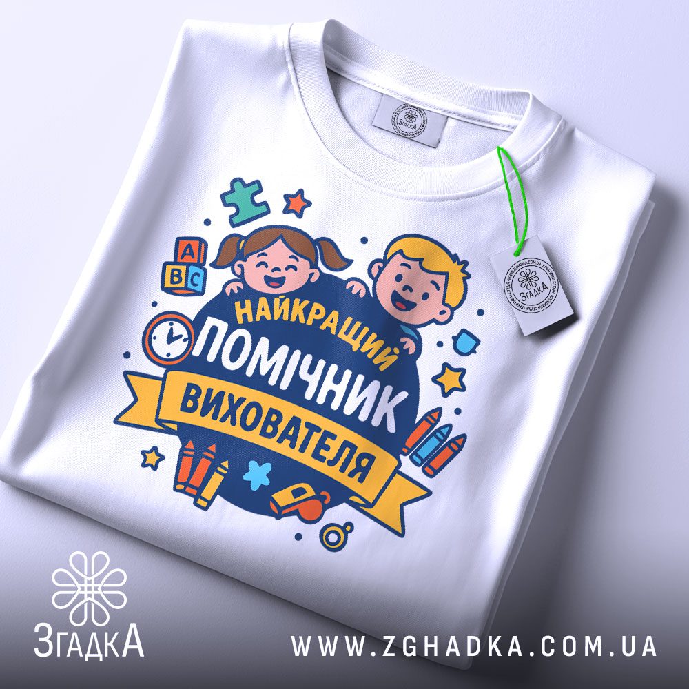 Футболка подяка помічнику вихователя складена з біркою Згадка на світлому фоні.