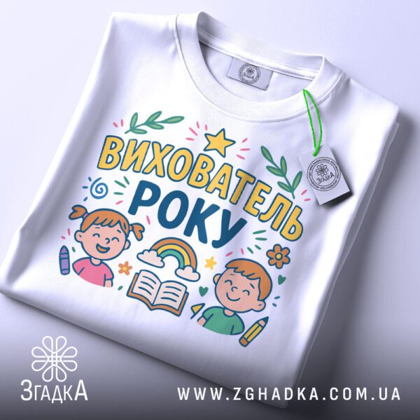 Футболка вихователь року подарунок – складена з біркою, вигляд зблизька.