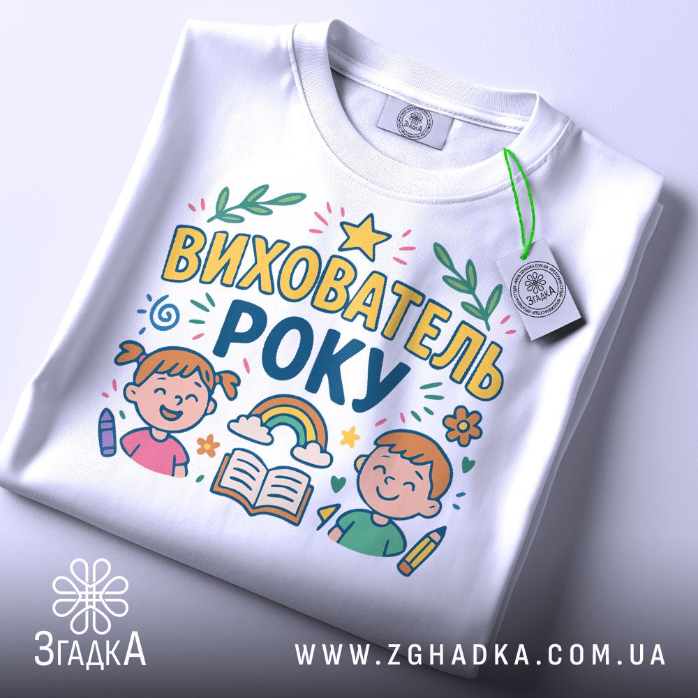 Футболка вихователь року подарунок – складена з біркою, вигляд зблизька.